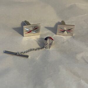 VINTAGE Sterling Silver Engraved Cufflink and Tie Pin Tack With Chain